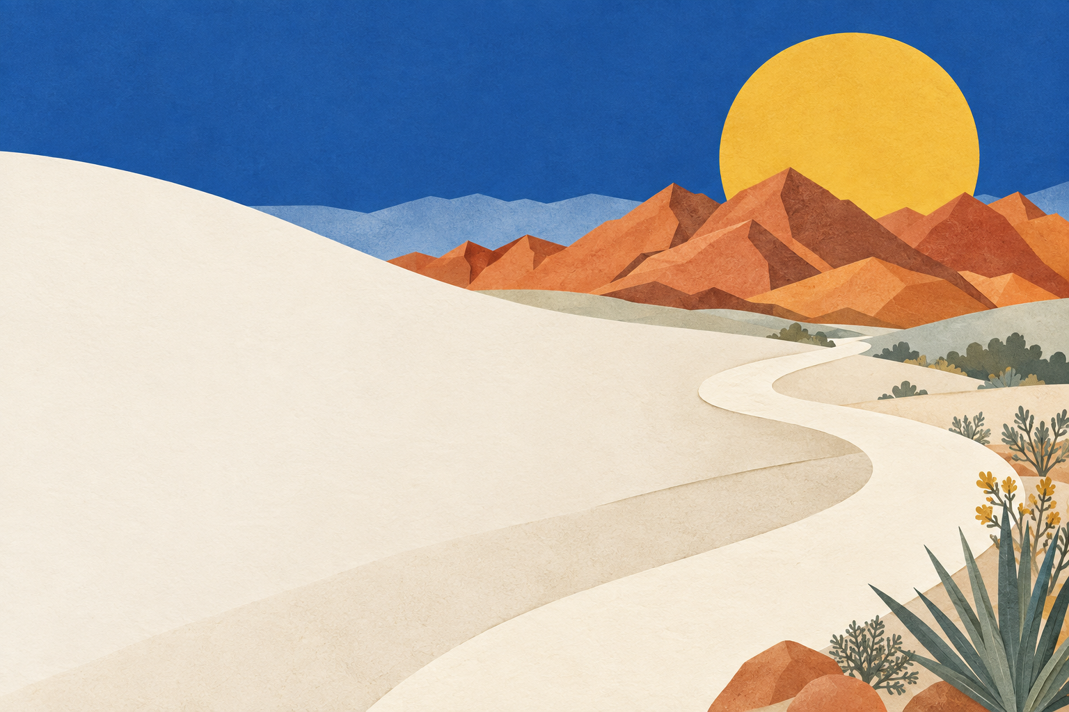 Concept illustration of a path through Arizona mountains toward the sun