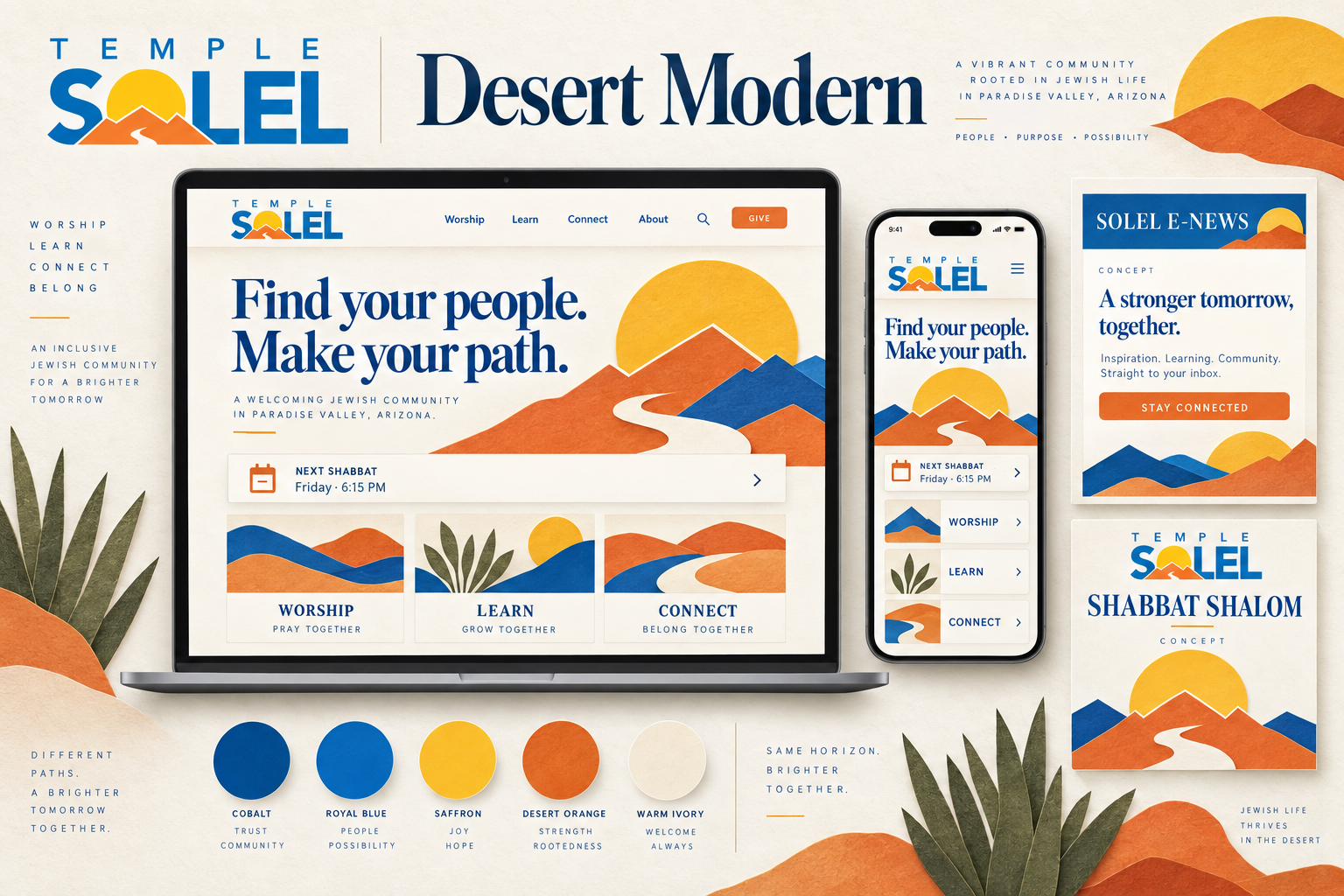 Desert Modern: ivory, blue and cut-paper mountains
