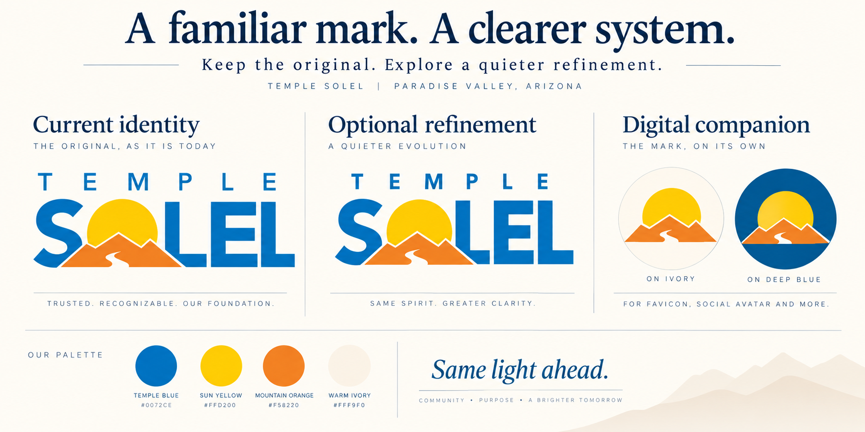 Optional logo exploration showing familiar Solel wordmark and sun mountain companion